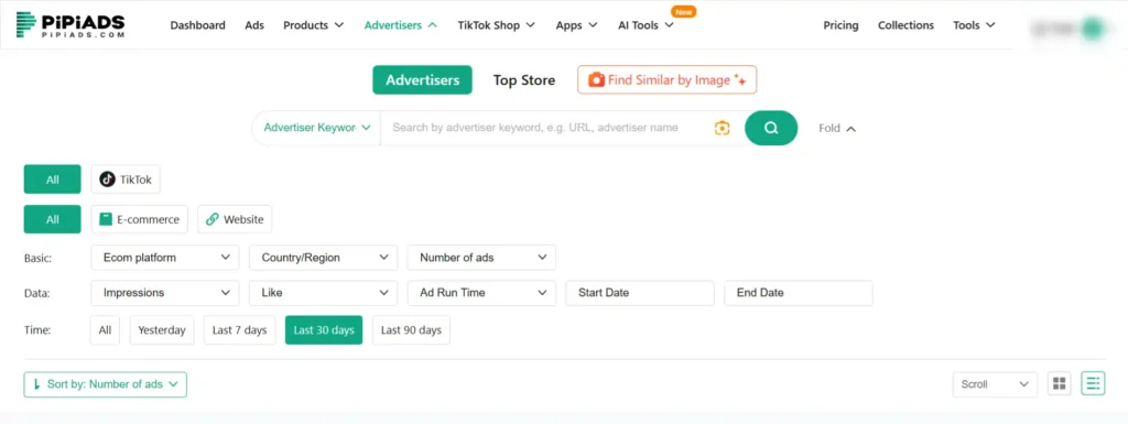 Pipiads- Filter by High-Performing Advertisers