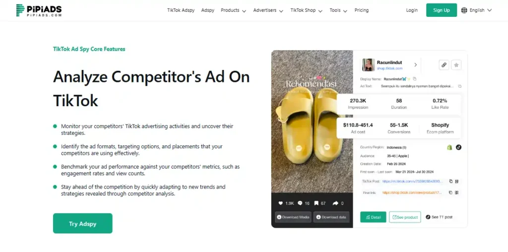 Pipiads Tiktok Influencers & Competitors Ad Analysis