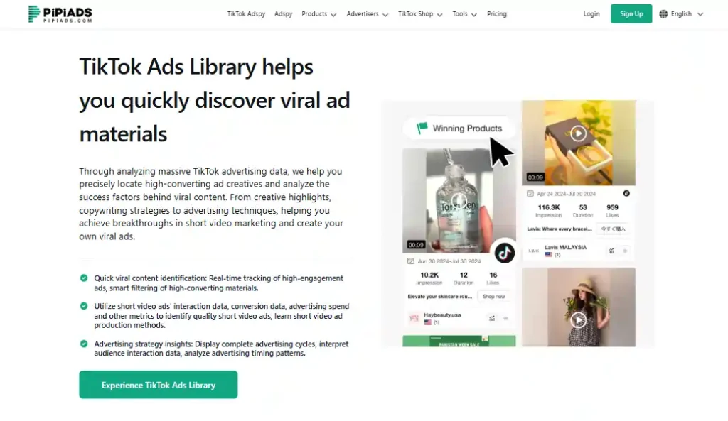 Pipiads TikTok Ad Library & Performance Metrics
